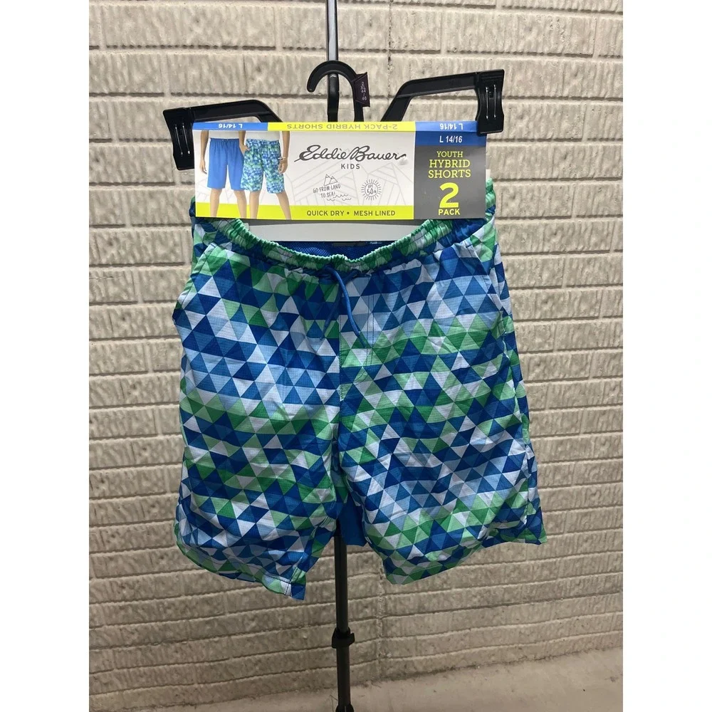 Eddie Bauer Kids 2 Pack Youth Hybrid Shorts Blue Green Geometric L 14/16 NWT